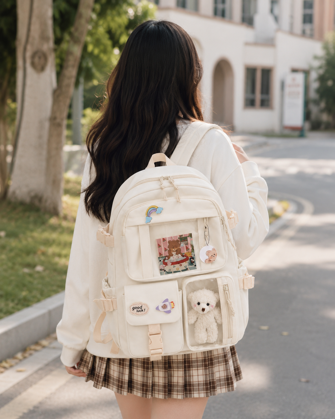 Aesthetic Multi-Pocket Backpack with Teddy Display Pocket
