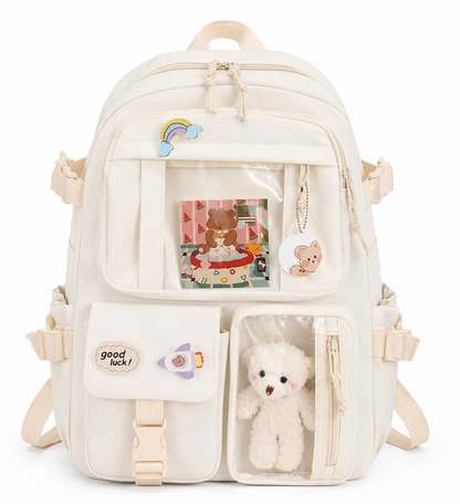 Aesthetic Multi-Pocket Backpack with Teddy Display Pocket