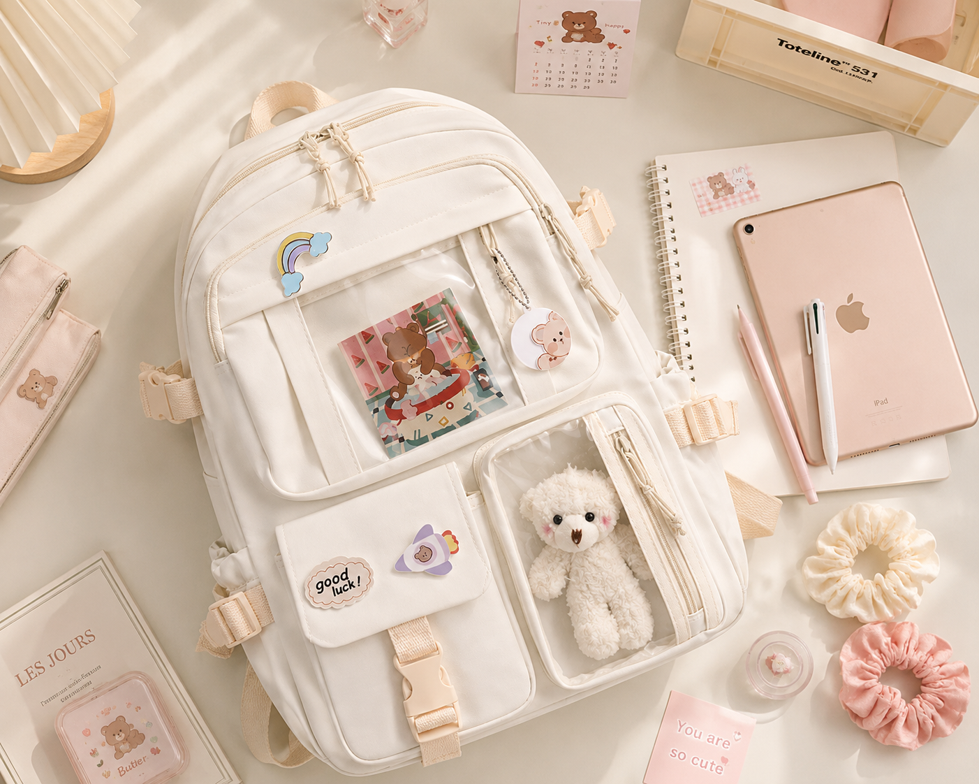 Aesthetic Multi-Pocket Backpack with Teddy Display Pocket