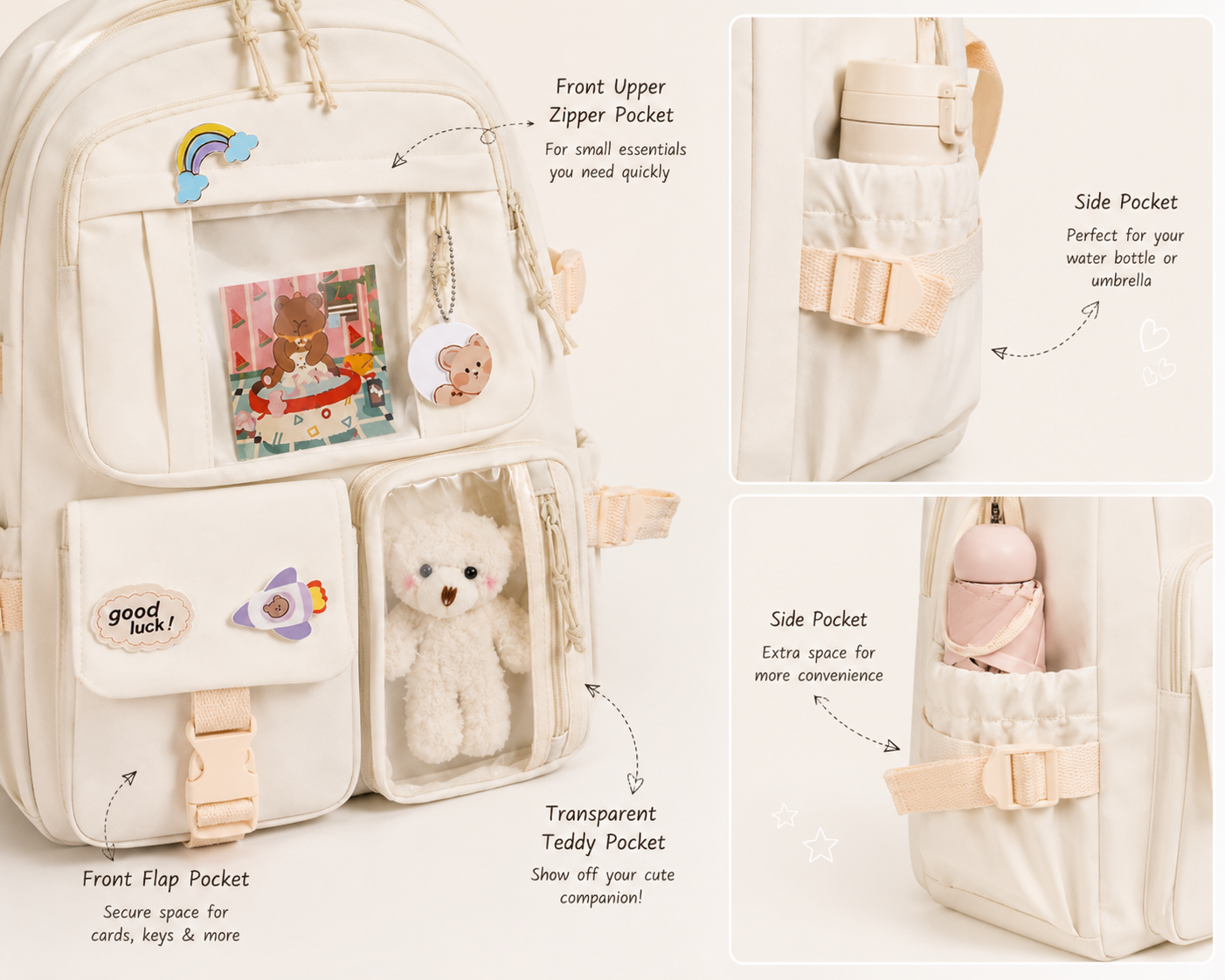 Aesthetic Multi-Pocket Backpack with Teddy Display Pocket