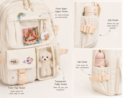 Aesthetic Multi-Pocket Backpack with Teddy Display Pocket