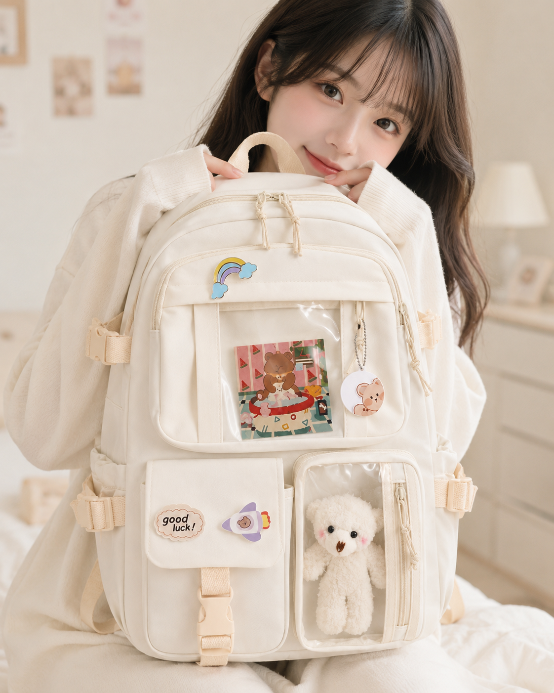 Aesthetic Multi-Pocket Backpack with Teddy Display Pocket