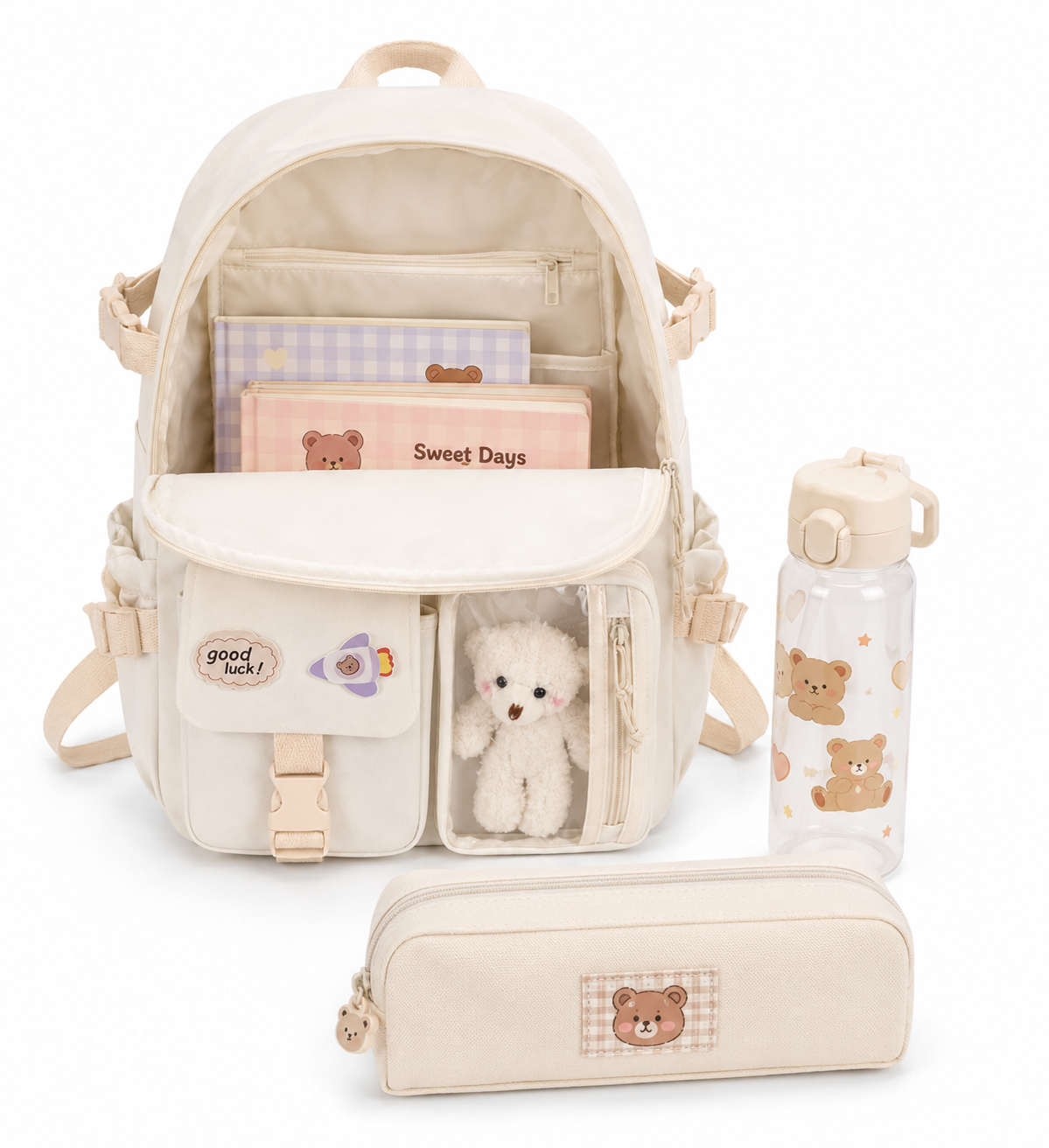 Aesthetic Multi-Pocket Backpack with Teddy Display Pocket